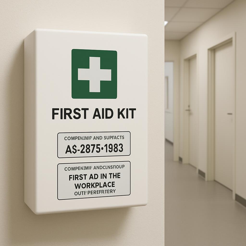 A close-up view of a white first aid kit box mounted on a beige wall, with a blurred hospital hallway in the background. T...