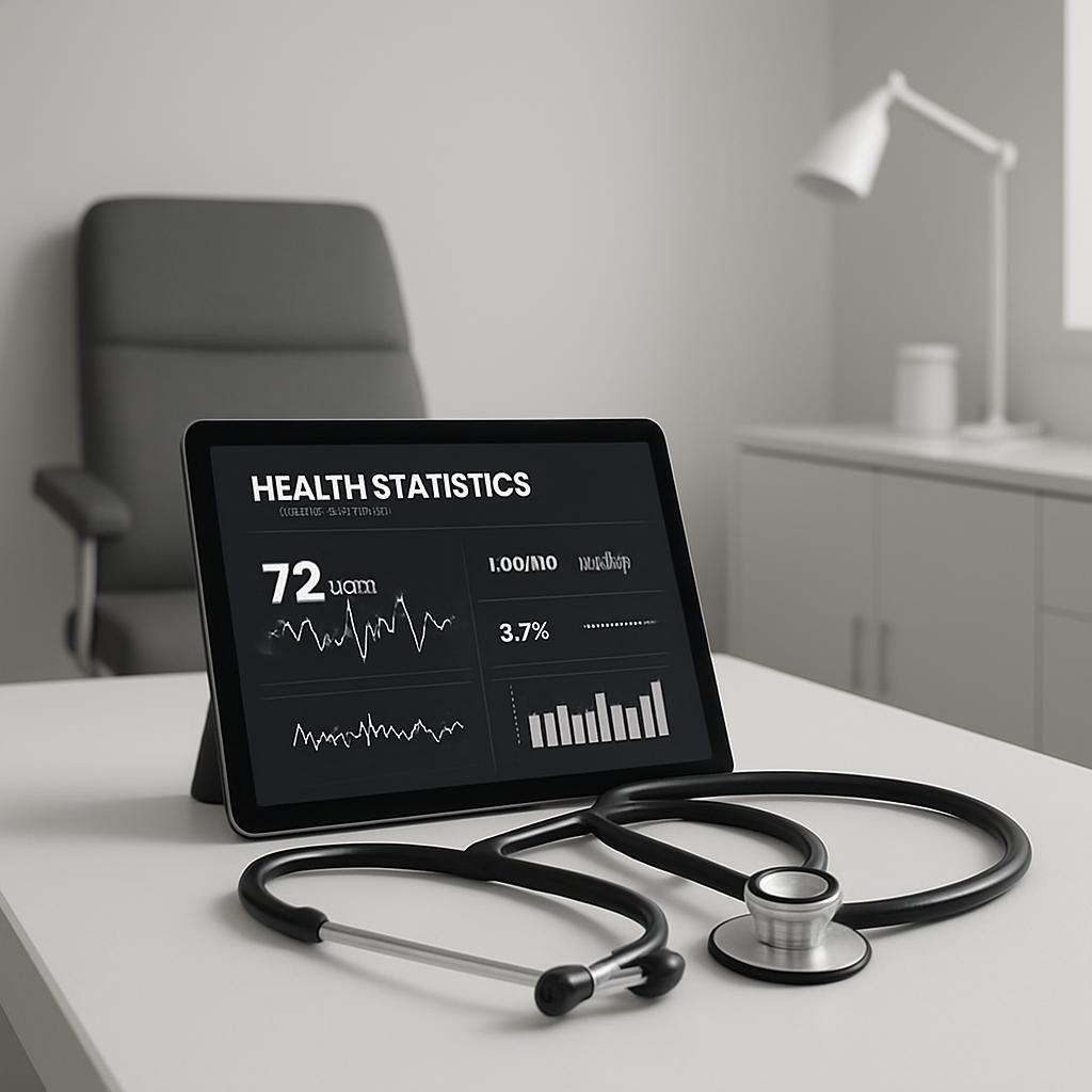 Health statistics displayed on a tablet amidst a doctor's workspace, with a stethoscope and desk in the image.