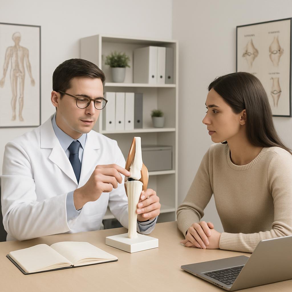 A man in a white lab coat, wearing a blue tie and light blue shirt, points to a model of a human leg during a consultation...