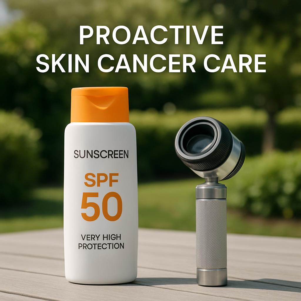 Sunscreen bottle and dermatoscope on outdoor table