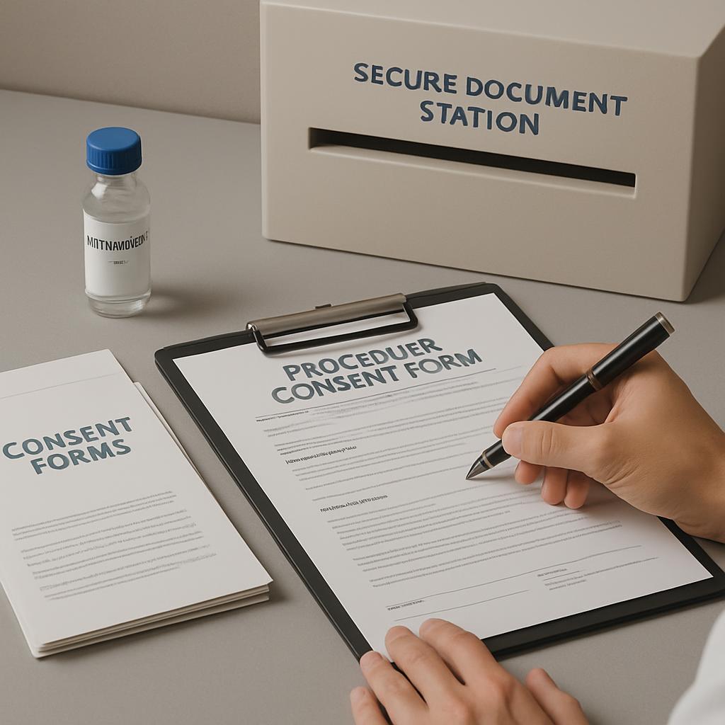 A person is signing a document consent form.