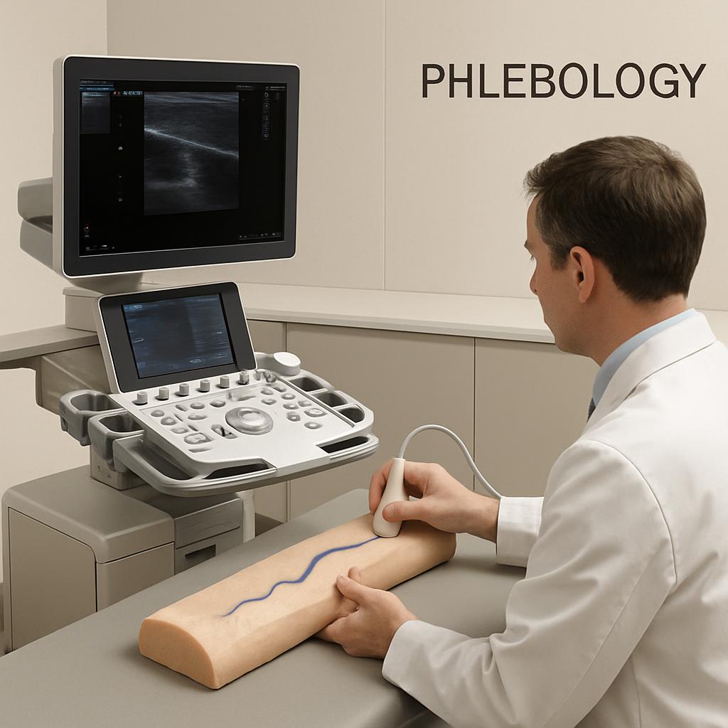 A man in a lab coat is using an ultrasound machine to perform a phlebology exam on a model of a leg.