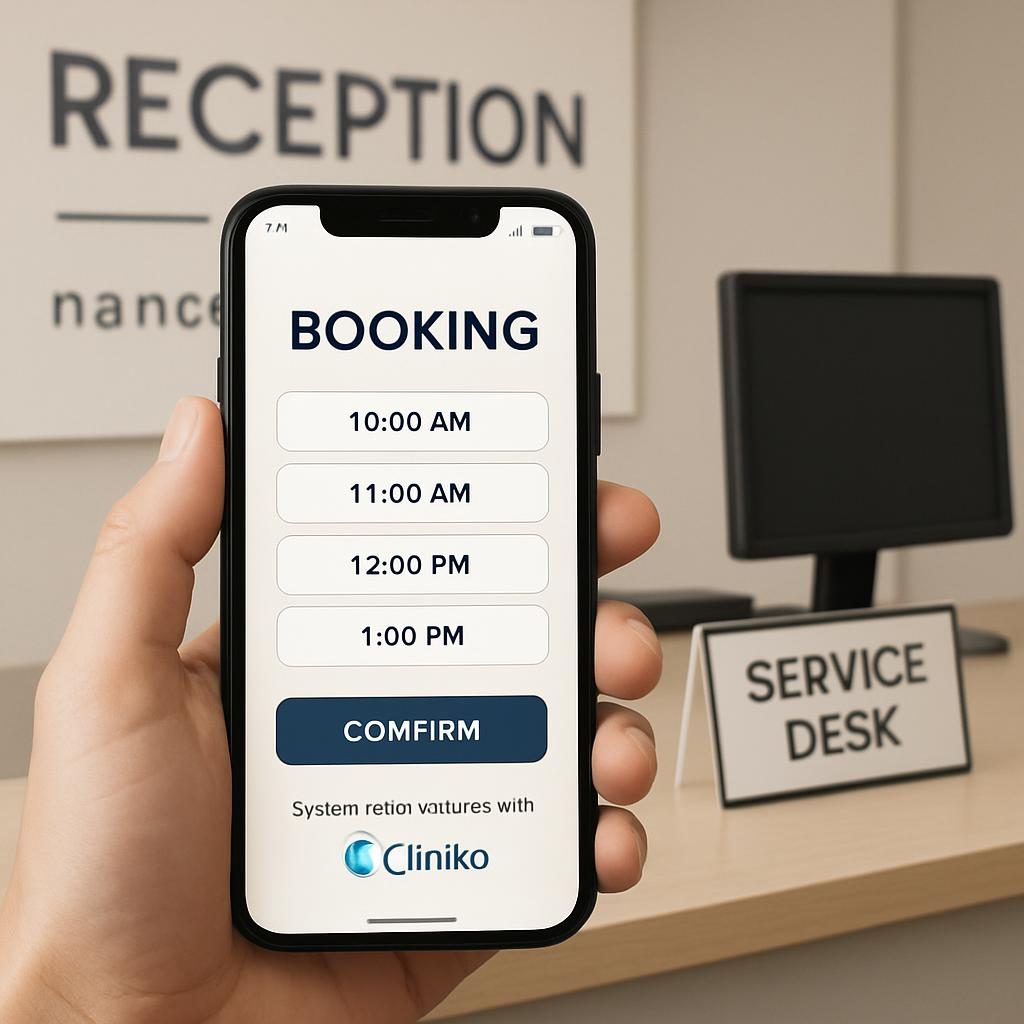 A hand holding a phone with a booking screen, in the background is a reception area with a computer and a service desk sign.